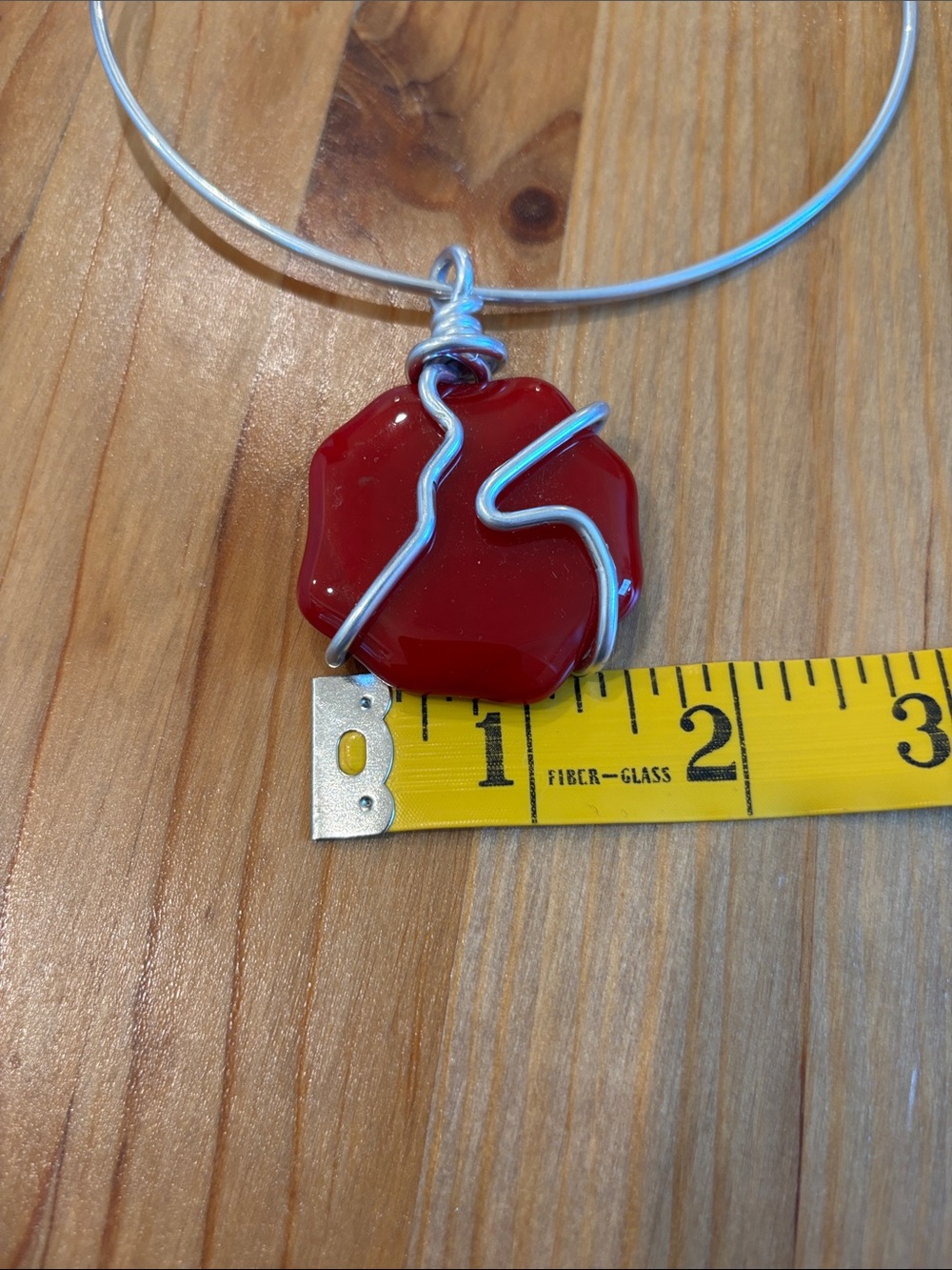Red Pendant Bangle Necklace - Silver-Toned Wire Accent - Picture 5 of 5